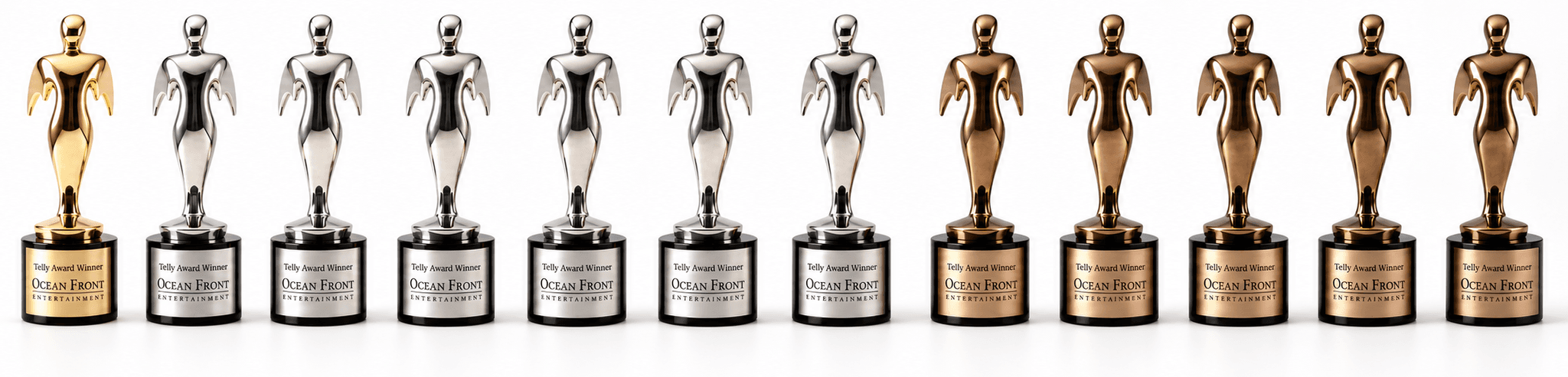 Row of Telly Award statues: 1 gold, 6 silver, 5 bronze